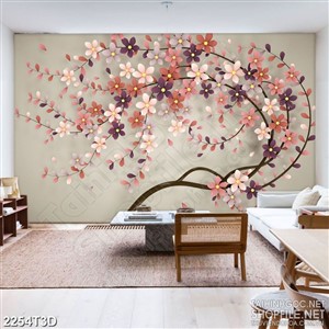 Tranh 3d dán tường thân cây mọc đầy hoa trước ngọn gió