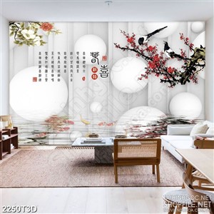 Tranh 3d treo tường cành đào trên mặt nước hồ cá chép