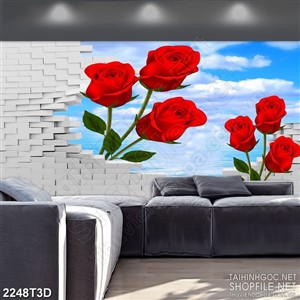 Tranh 3d nghệ thuật vẽ những bông hoa hồng khoe sắc đỏ