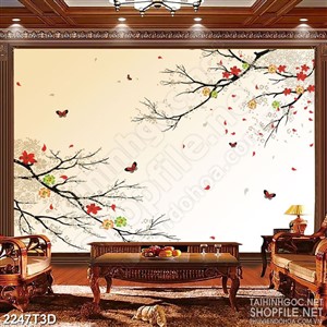 Tranh 3d treo tường những cành hoa mai bên đàn bướm