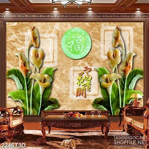 Tranh 3d  trang trí cành hoa sứ bên chữ hán giả ngọc bích