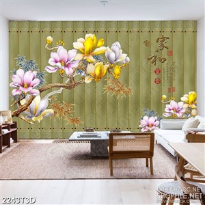 Tranh 3d treo tường hoa mộc lan bên những tán tre vàng