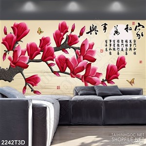 Tranh 3d  trang trí cành mộc lan nở rộ đầy hoa rực rỡ