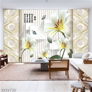 Tranh 3d treo tường cành hoa ly trắng bên đàn bướm xinh