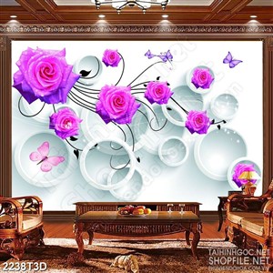 Tranh 3d  trang trí bông hoa hồng khoe sắc bên đàn bướm