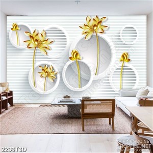 Tranh 3d nghệ thuật vẽ những bông hoa sen dáp vàng rồng