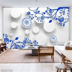 Tranh 3d  trang trí cành hoa mộc lan xanh trên mặt hồ