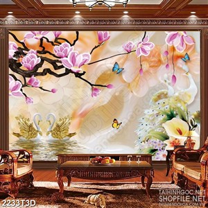 Tranh 3d dán tường cành mộc lan đu đưa trên hồ thiên nga