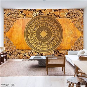 Tranh 3d nghệ thuật họa tiết trống đồng bên hoa văn cổ