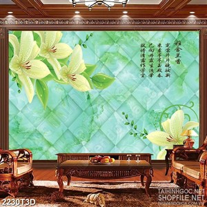 Tranh 3d  trang trí những bông hoa ly bên dòng chữ hán