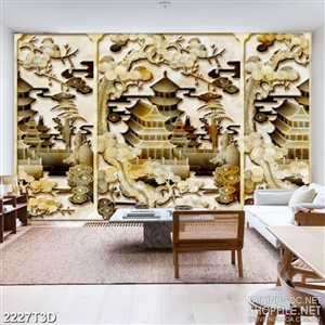 Tranh 3d dán tường những ngôi chùa phía sau rừng thông