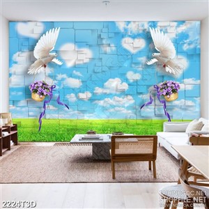 Tranh 3d dán tường đôi bồ câu trắng trên đồng cỏ xanh