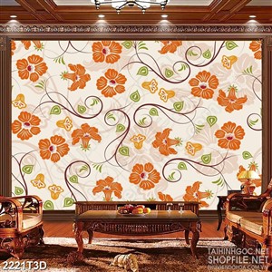 Tranh 3d trang trí bông hoa lan màu cam bên cành lá xanh