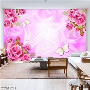 Tranh 3d dán tường bông hồng nhung và đàn bướm trắng