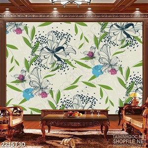 Tranh 3d dán tường những bông hoa xanh vẽ đơn điệu psd