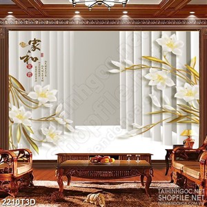 Tranh 3d dán tường những bông hoa ly trắng bên chữ hán