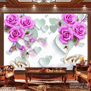 Tranh 3d dán tường bông hoa hồng màu tím và thiên nga