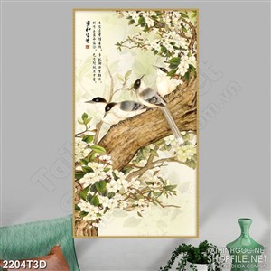 Tranh 3d nghệ thuật những chú chim trên thân cây đầy hoa