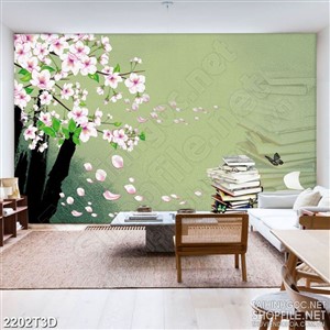 Tranh 3d treo tường những cánh hoa bay bên chồng sách