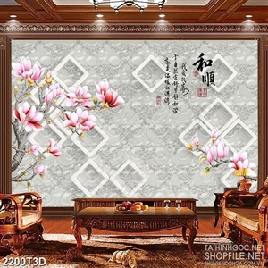 Tranh 3d dán tường những cành hoa mộc lan và ô vuông