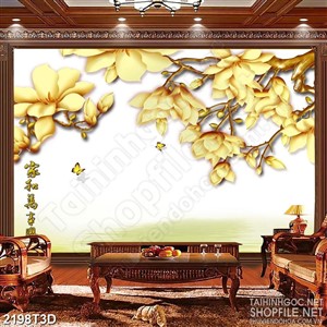 Tranh 3d dán tường bông hoa mộc lan dáp vàng bên hồ nước