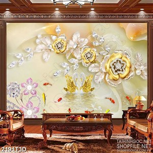 Tranh 3d nghệ thuật đôi thiên nga dưới cành hoa dáp vàng