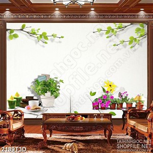 Tranh 3d nghệ thuật cành lá xanh trên những chậu hoa