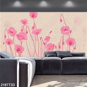 Tranh 3d treo tường vườn hoa cánh mỏng màu hồng rủ buồn