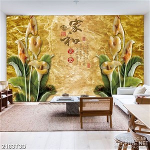 Tranh 3d dán tường bông hoa sứ trên nền màu vàng giả ngọc