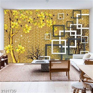 Tranh 3d nghệ thuật vườn cây hoa mộc lan bên ô vuông