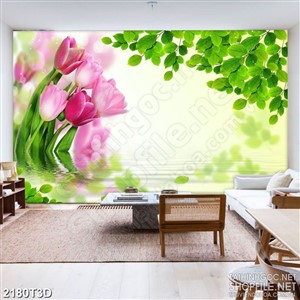 Tranh 3d dán tường những bông hoa tulip bên tán lá xanh