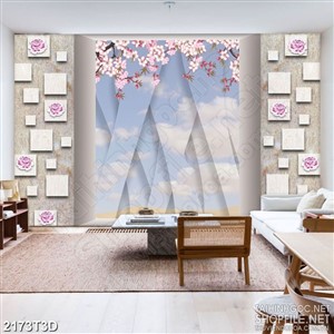Tranh 3d dán tường cành hoa mộc lan bên những đám mây
