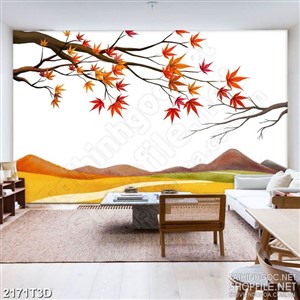 Tranh 3d nghệ thuật cành lá vàng mùa thu trên đỉnh núi cao