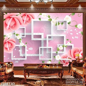 Tranh 3d dán tường bông hoa hồng phấn và những ô vuông