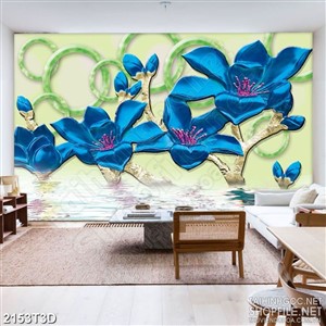 Tranh 3d dán tường bông hoa mộc lan màu xanh xinh đẹp