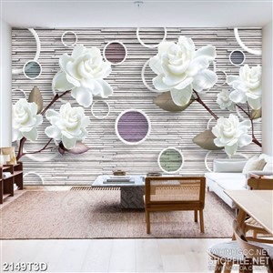 Tranh 3d nghệ thuật cành hoa mẫu đơn trắng trên bức tường