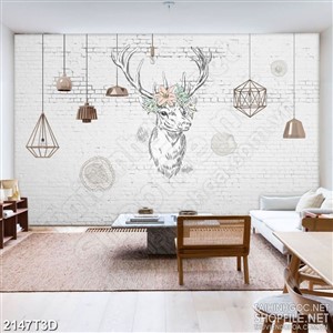 Tranh 3d treo tường bông hoa trên đầu chú huơu xinh đẹp