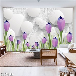 Tranh 3d nghệ thuật vườn hoa tulip sắc tím và hình tròn
