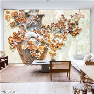 Tranh 3d treo tường cành hoa đào bên chiếc bình giả ngọc