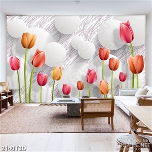Tranh 3d dán tường những bông hoa tulip bay trong gió