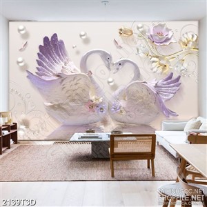 Tranh 3d nghệ thuật đôi thiên nga bên nhành hoa dáp vàng
