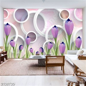 Tranh 3d dán tường bông hoa tulip sắc tím và ô hình tròn