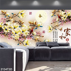 Tranh 3d nghệ thuật cành hoa mộc lan dưới anh trăng vàng