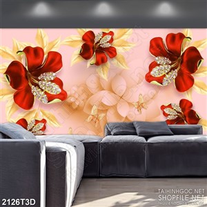 Tranh 3d dán tường những bông dâm bụt sắc đỏ rực rỡ