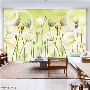 Tranh 3d  những bông hoa tulip màu xanh trang trí phòng