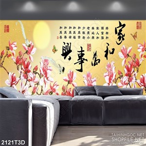 Tranh 3d treo tường vườn hoa mộc lan khoe sắc đỏ thắm