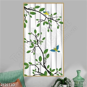 Tranh 3d dán tường những cành lá bên đàn chim non xanh