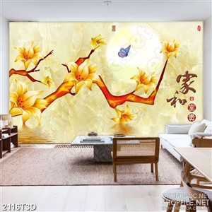 Tranh 3d dán tường cành hoa mộc lan bên trăng vàng