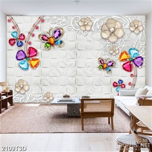 Tranh 3d treo tường đàn bướm và hoa đính ngọc lấp lánh