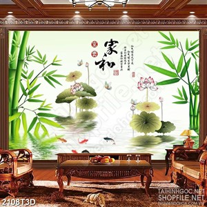 Tranh 3d dán tường hàng tre xanh bên hồ sen cá chép psd